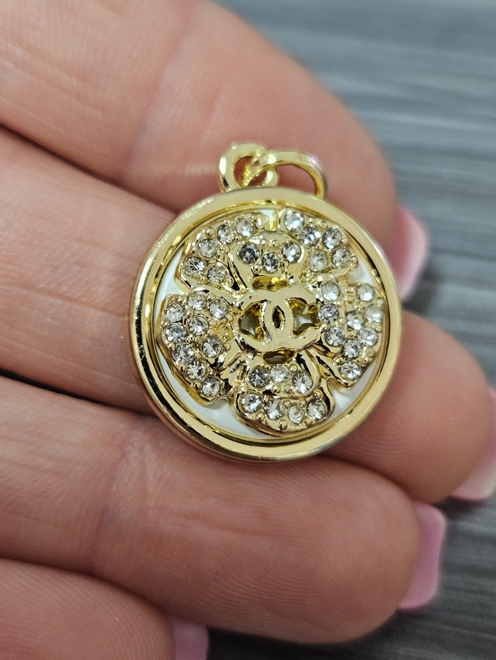 CHANEL CC Camellia Medallion Charm Gold Tone Pavé Rhinestone